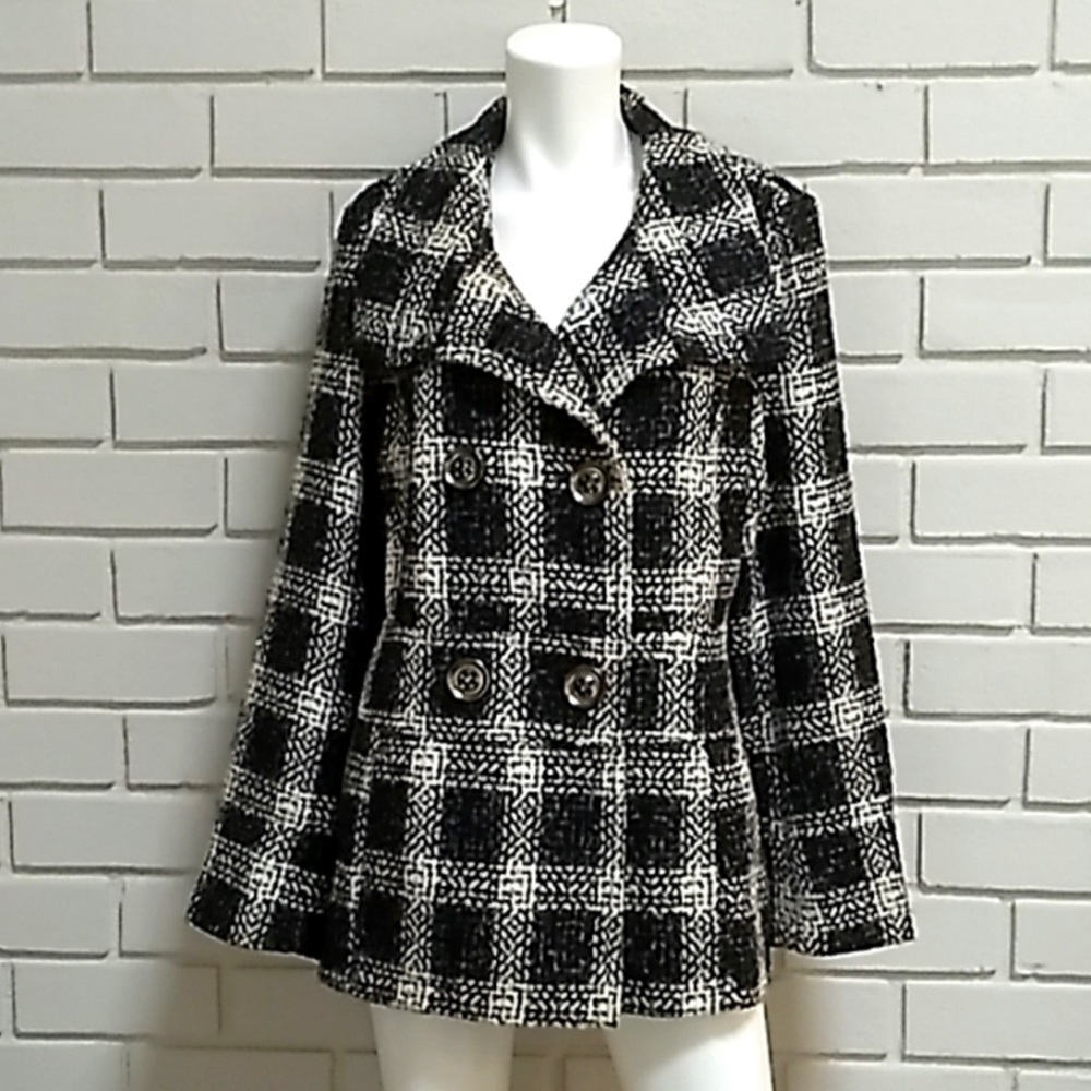 George Black/Gray/White Plaid Coat. Size 12-14 Large